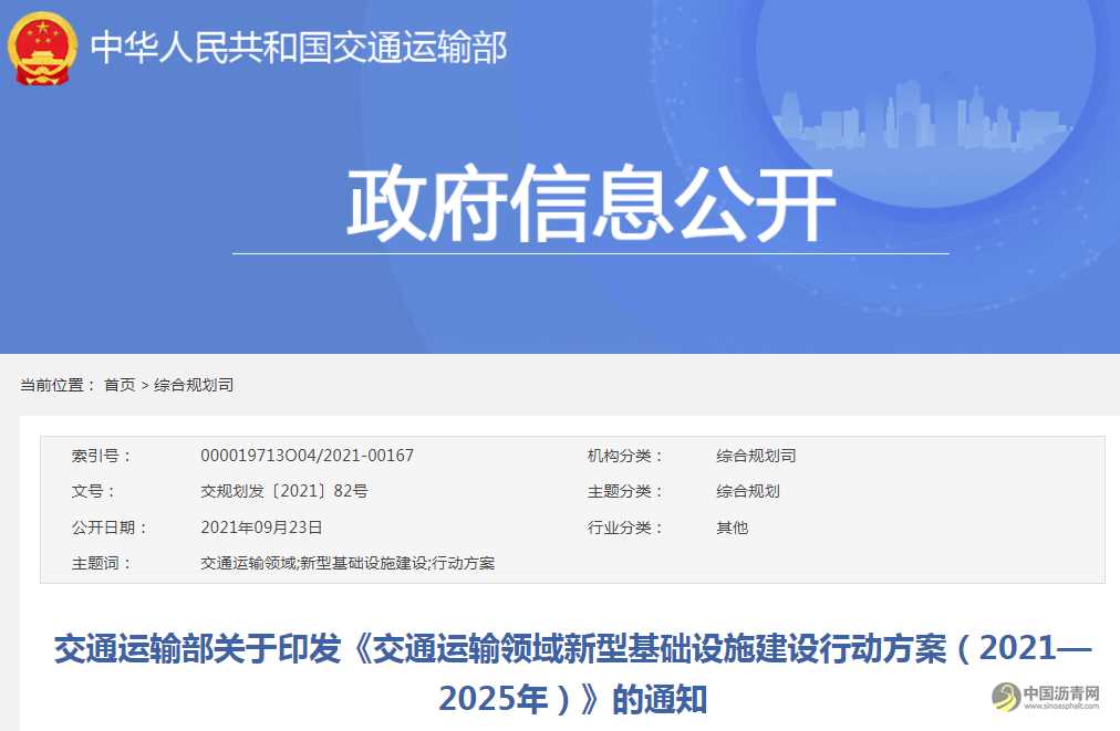 交通運輸部關(guān)于印發(fā)《交通運輸領(lǐng)域新型基礎(chǔ)設(shè)施建設(shè)行動方案（2021—2025年）》的通知 瀝青網(wǎng)，sinoasphalt.com