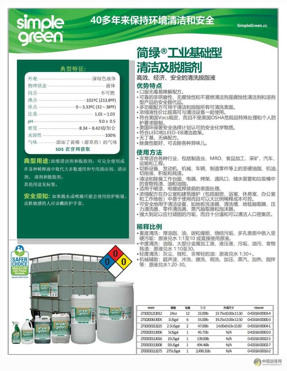 美國簡綠?SimpleGreen工業(yè)基礎型清潔及脫脂劑 瀝青網，sinoasphalt.com